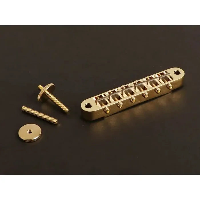 Gotoh bridge for e-guitar, „tune-o-matic“ thumbwheel spacing 74,0mm, titanium saddles, gold