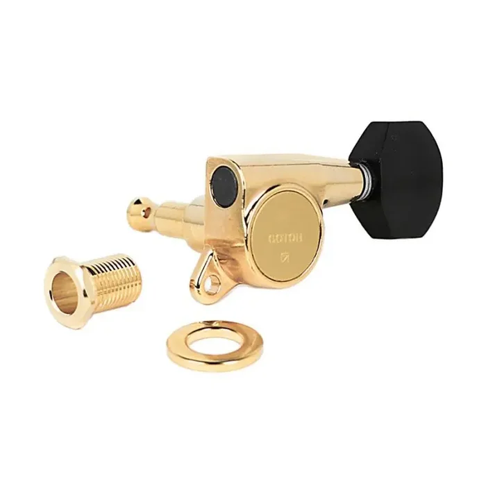 Gotoh machine heads for guitar, 3x left+3x right, black wooden button, gold body