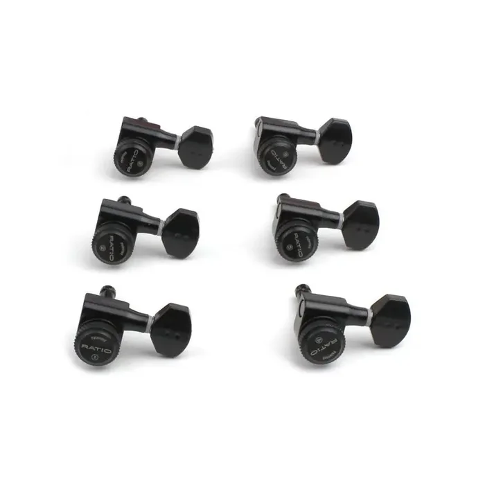 Graph Tech PRL-8721-B0 Ratio Electric Locking Machine Heads with Mini Contemporary Button – 6-in-Line, Bass Side (Left) – Black