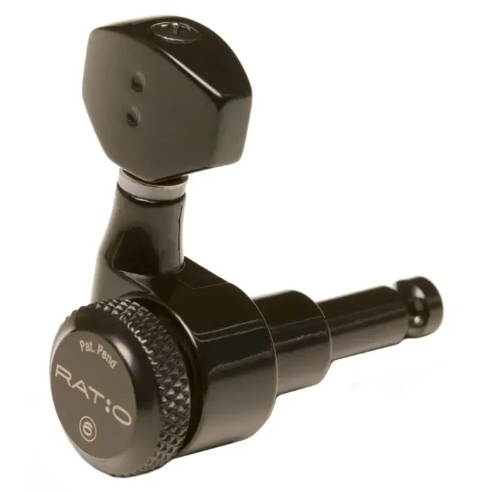 Graph Tech PRL-9721-B0 Ratio Electric Locking Machine Heads with Mini Contemporary Button, Staggered Posts – 6-in-Line, Bass Side (Left) – Black