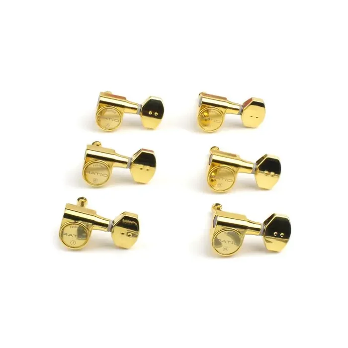 Graph Tech PRN-2721-G0 Ratio Electric Guitar Machine Heads with Mini Contemporary Button – 6-in-Line, Bass Side (Left) – Gold