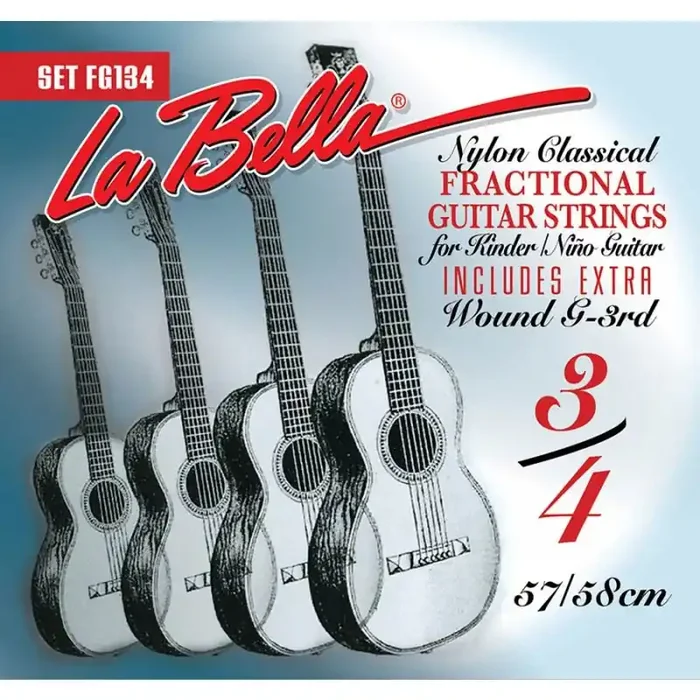 LaBella Fractional Series snarenset klassiek, 3/4 mensuur, clear nylon trebles, silverplated basses, extra G-3 (wound)