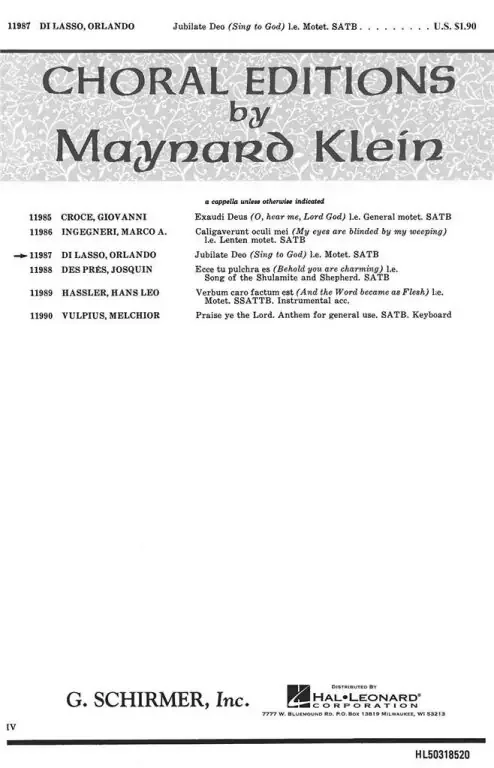 Lasso, Orlando di Jubilate Deo Sing To God