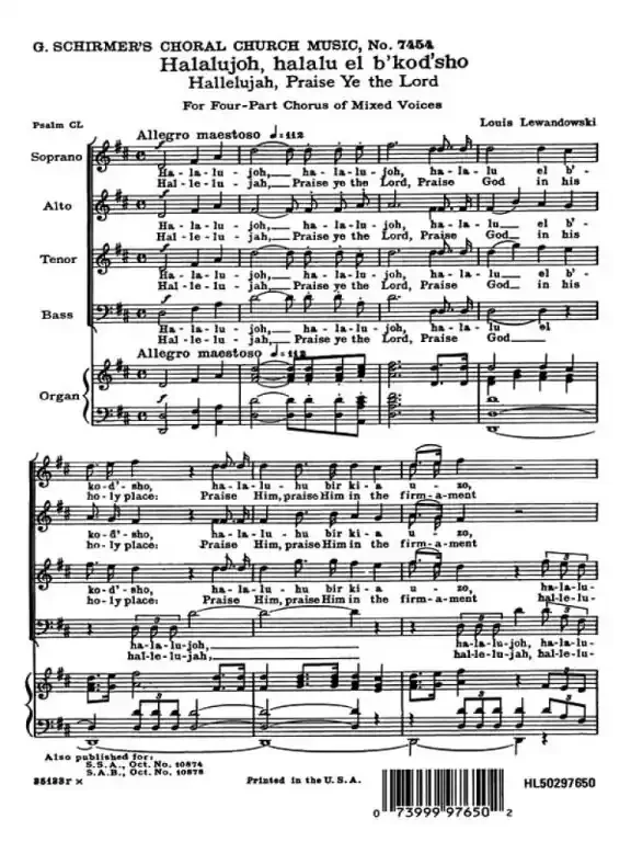 Lewandowski, Louis Hallelujah Praise Ye The Lord English Hebrew Org.