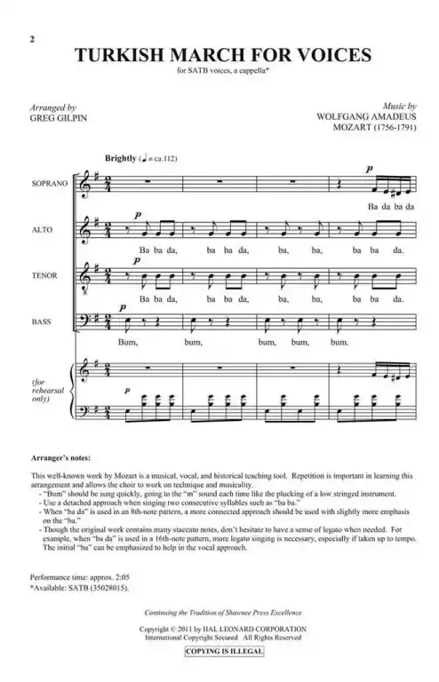 Mozart, Wolfgang Amadeus Turkish March for Voices