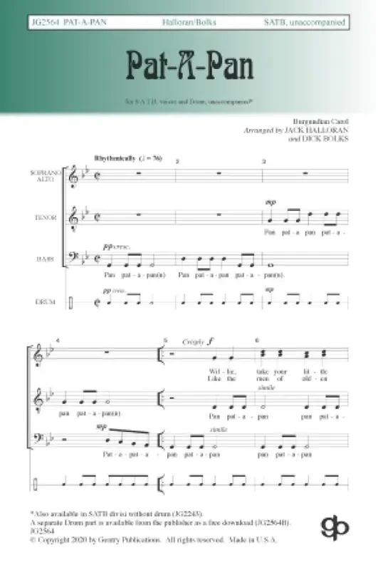 Pat-a-Pan (Arr. Dick Bolks) Gemischter Chor mit Begleitung