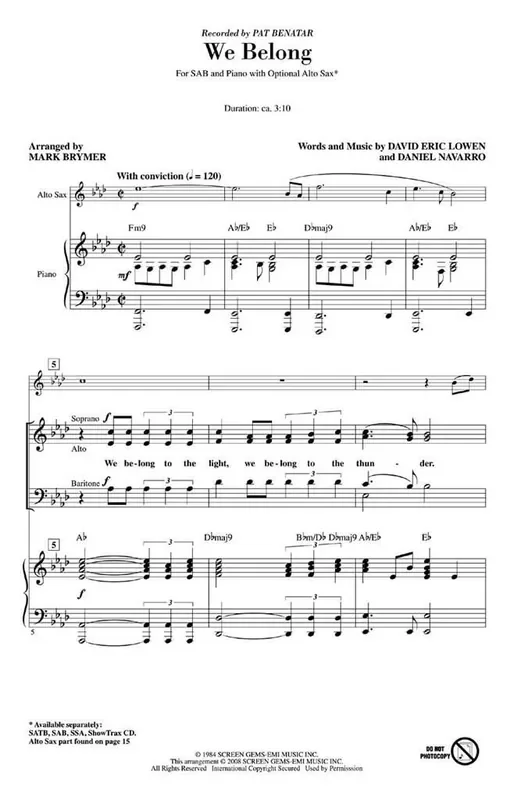 Pat Benatar We Belong (Arr. Mark Brymer) Gemischter Chor mit Begleitung