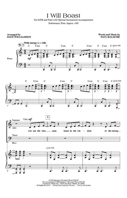 Paul Baloche I Will Boast (Arr. Dave Williamson) Gemischter Chor mit Begleitung
