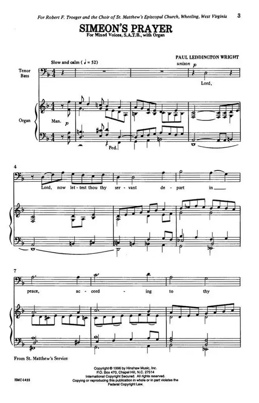 Paul Leddington Wright Simeon‘s Prayer (Arr. Paul Leddington Wright) Gemischter Chor mit Klavier/Orgel