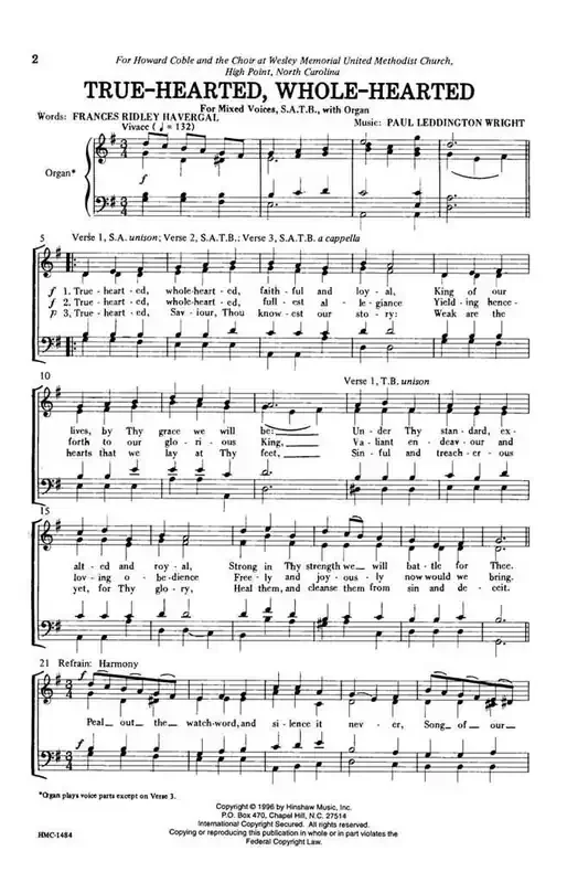 Paul Leddington Wright True-Hearted, Whole-Hearted (Arr. Paul Leddington Wright) Gemischter Chor mit Klavier/Orgel