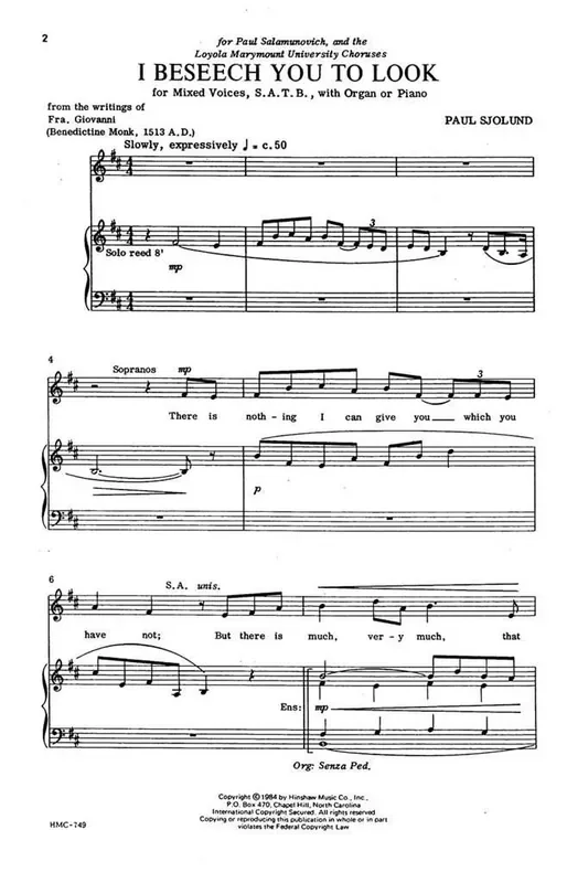 Paul Sjolund I Beseech You To Look (Arr. Paul Sjolund) Gemischter Chor mit Klavier/Orgel