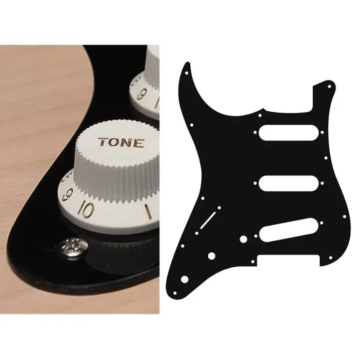 Pickguard Strat, 1 ply, black, standard, SSS, 3 pot holes, 3-5 switch, lefthanded