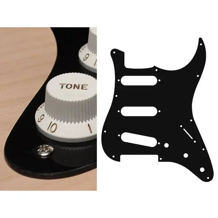 Pickguard Strat, 1 ply, black, standard, SSS, 3 pot holes, 3-5 switch