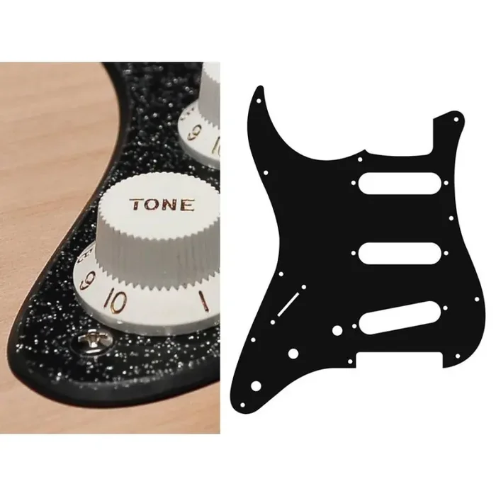 Pickguard Strat, 2 ply, sparkling black, standard, SSS, 3 pot holes, 3-5 switch, lefthanded