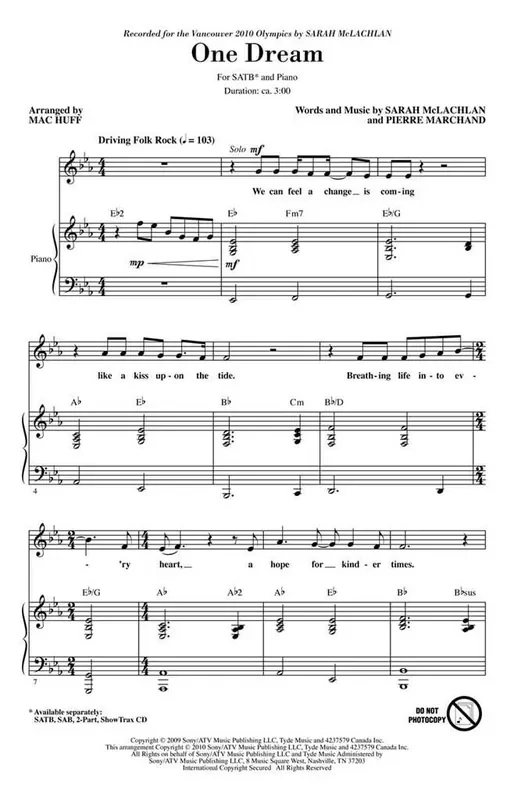 Pierre Marchand One Dream (Arr. Mac Huff) Gemischter Chor mit Begleitung