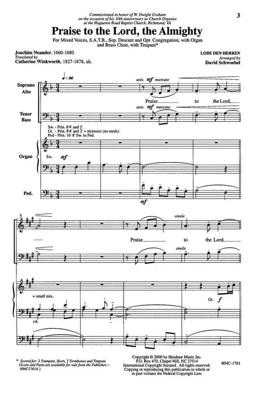Praise To The Lord The Almighty (Arr. David Schwoebel) Gemischter Chor mit Klavier/Orgel