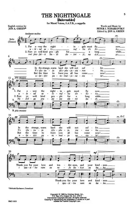 Pyotr Ilyich Tchaikovsky The Nightingale (Arr. Pyotr Ilyich Tchaikovsky) Gemischter Chor A cappella