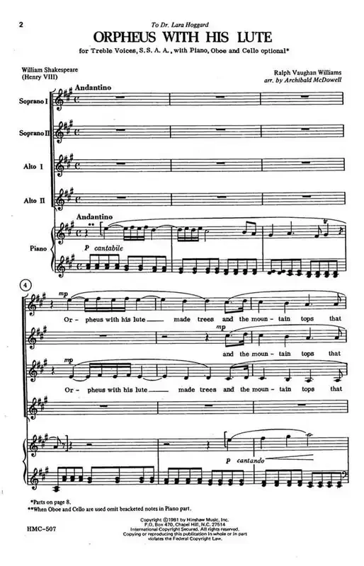 Ralph Vaughan Williams Orpheus With His Lute (Arr. Archibald McDowell) Frauenchor mit Klavier/Orgel