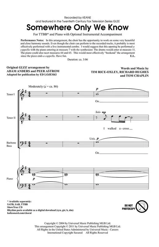 Richard Hughes Somewhere Only We Know (Arr. Adam Anders) Männerchor mit Begleitung