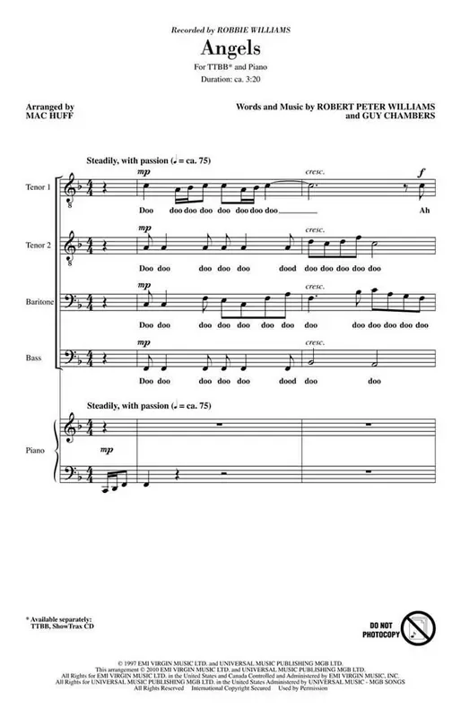 Robbie Williams Angels (Arr. Mac Huff) Männerchor mit Klavier/Orgel