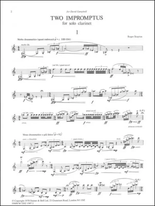 Roger Steptoe Two Impromptus For Solo Clarinet Klarinette Solo
