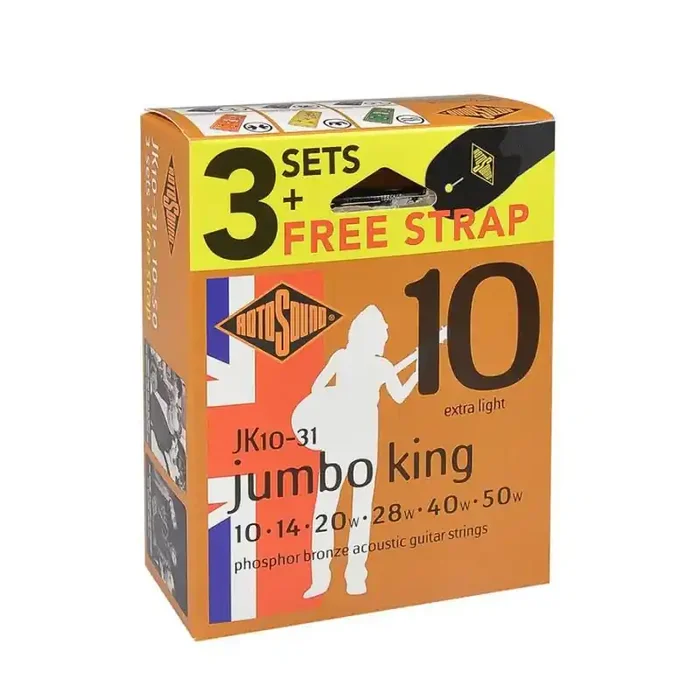 Rotosound Jumbo King 3-pack with free strap – 3 string sets acoustic phosphor brounze wound 10-50, extra light