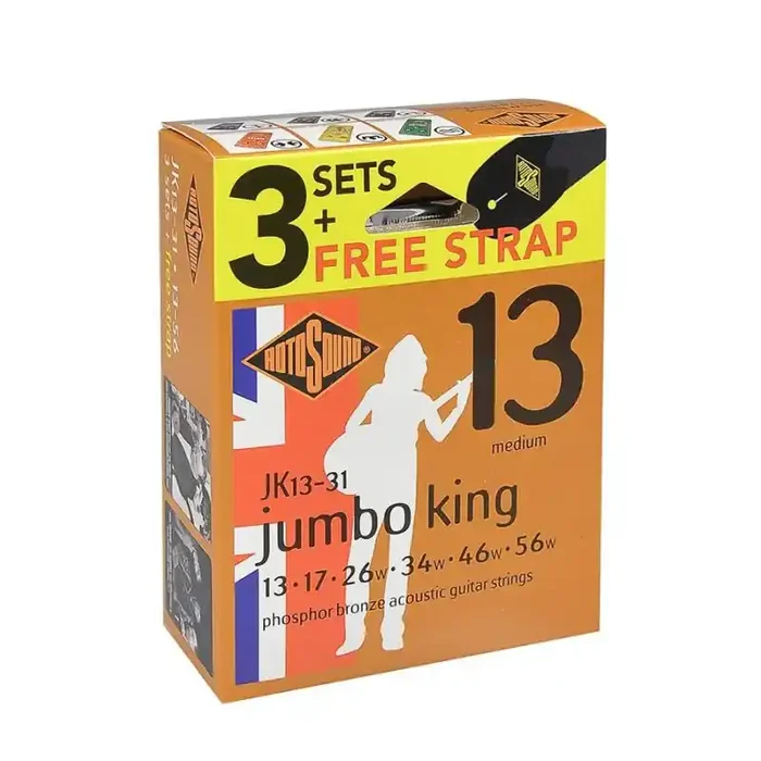 Rotosound Jumbo King 3-pack with free strap – 3 string sets acoustic phosphor brounze wound 13-56, medium