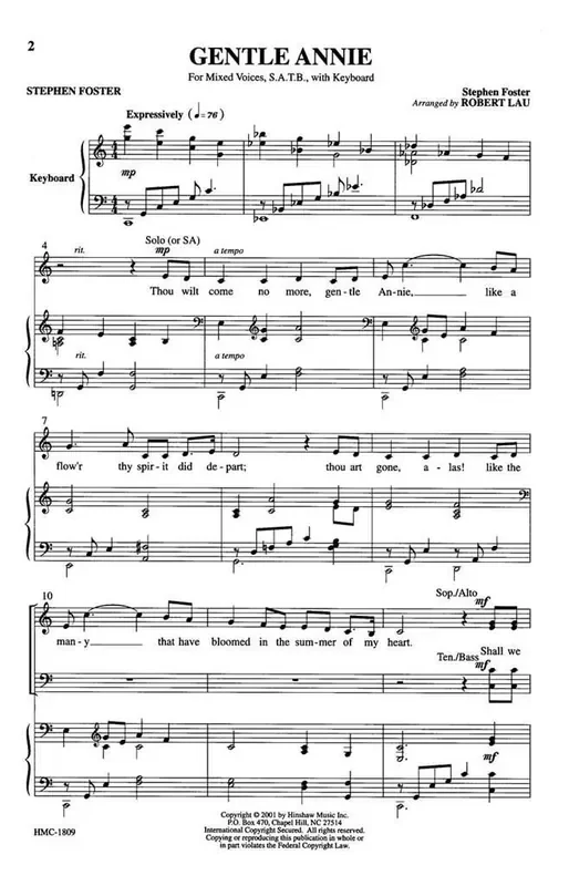 Stephen Foster Gentle Annie (Arr. Robert Lau) Gemischter Chor mit Klavier/Orgel