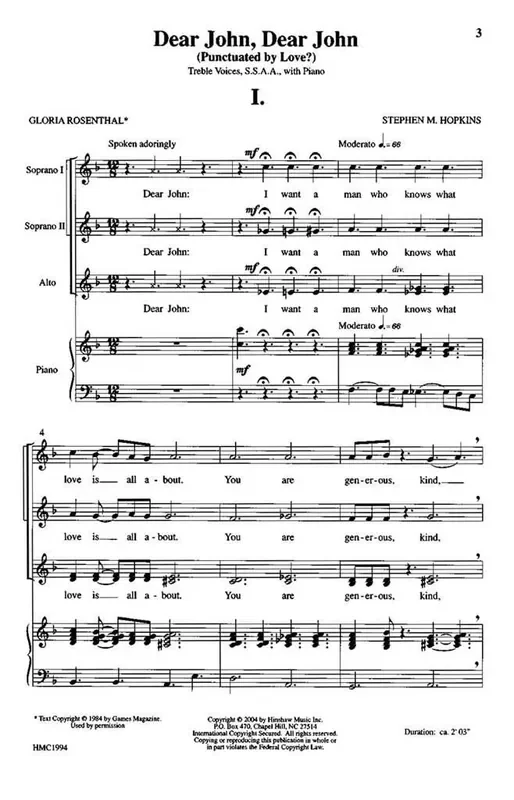 Steve Hopkins Dear John, Dear John (Arr. Steve Hopkins) Frauenchor mit Klavier/Orgel