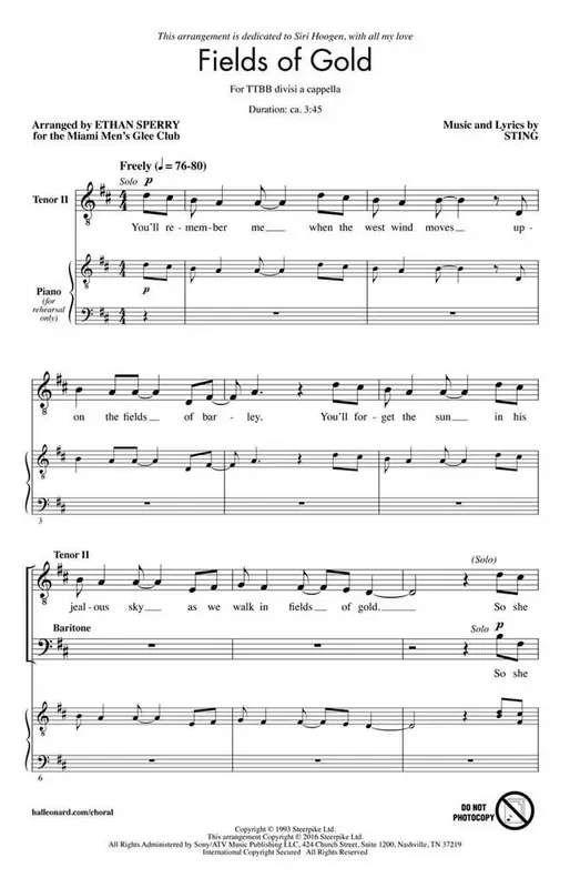 Sting Fields of Gold (Arr. Ethan Sperry) Männerchor A cappella