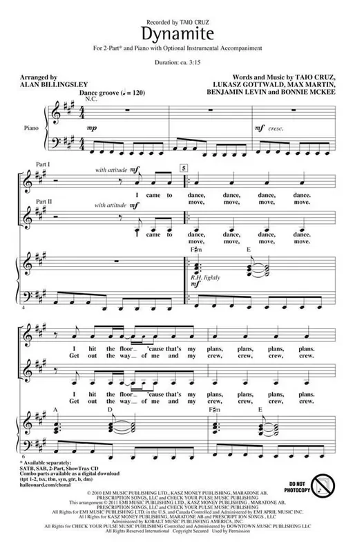 Taio Cruz Dynamite (Arr. Alan Billingsley) Frauenchor mit Begleitung