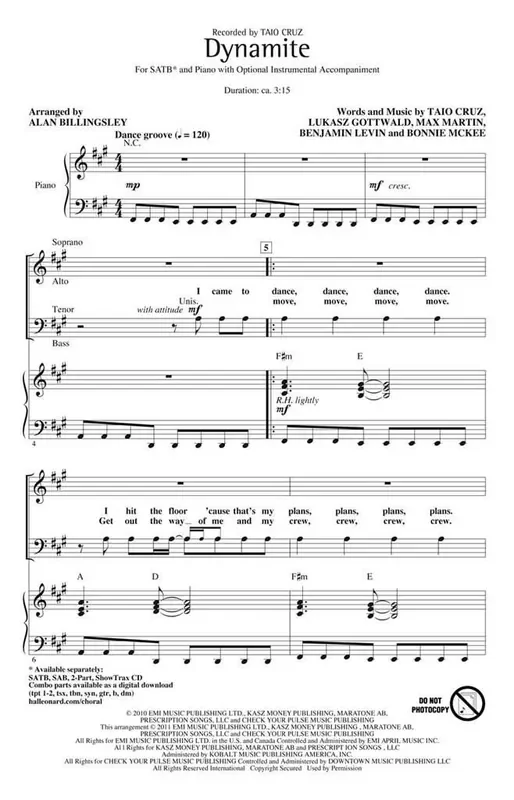 Taio Cruz Dynamite (Arr. Alan Billingsley) Gemischter Chor mit Begleitung