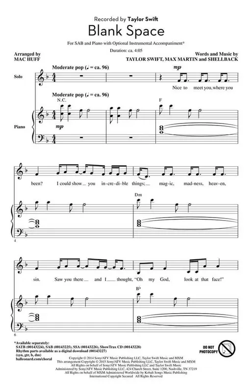 Taylor Swift Blank Space (Arr. Mac Huff) Gemischter Chor mit Begleitung
