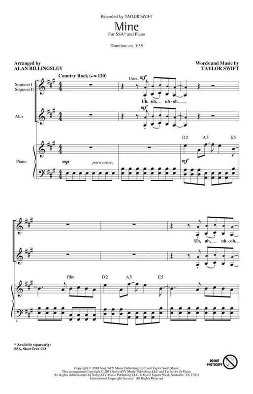 Taylor Swift Mine (Arr. Alan Billingsley) Frauenchor mit Begleitung