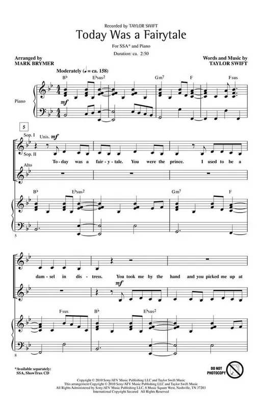 Taylor Swift Today Was a Fairytale (Arr. Mark Brymer) Frauenchor mit Begleitung