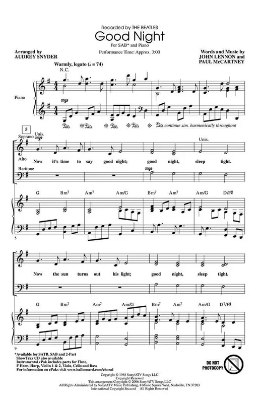 The Beatles Good Night (Arr. Audrey Snyder) Gemischter Chor mit Begleitung