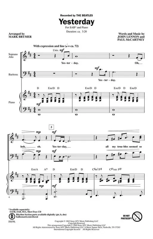 The Beatles Yesterday (Arr. Mark Brymer) Gemischter Chor mit Begleitung