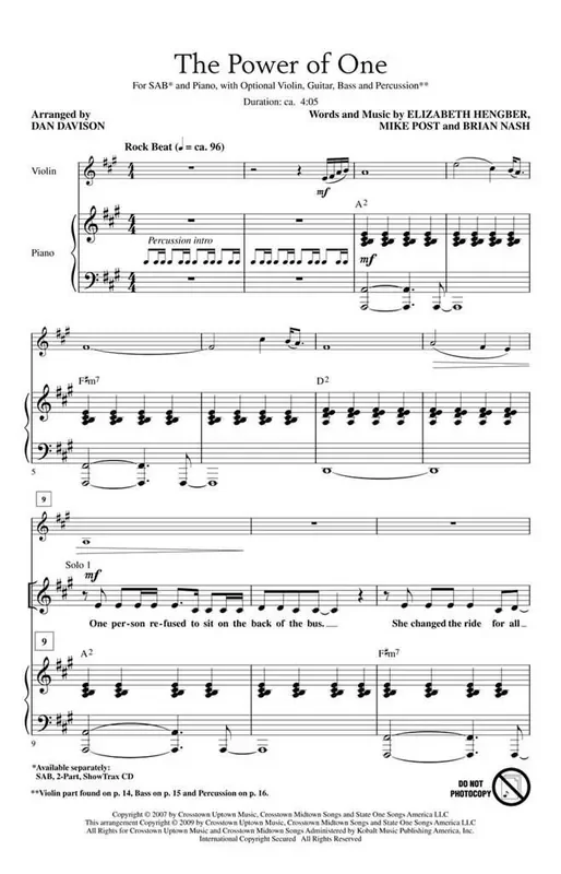 The Power of One (Arr. Dan Davison) Gemischter Chor mit Begleitung