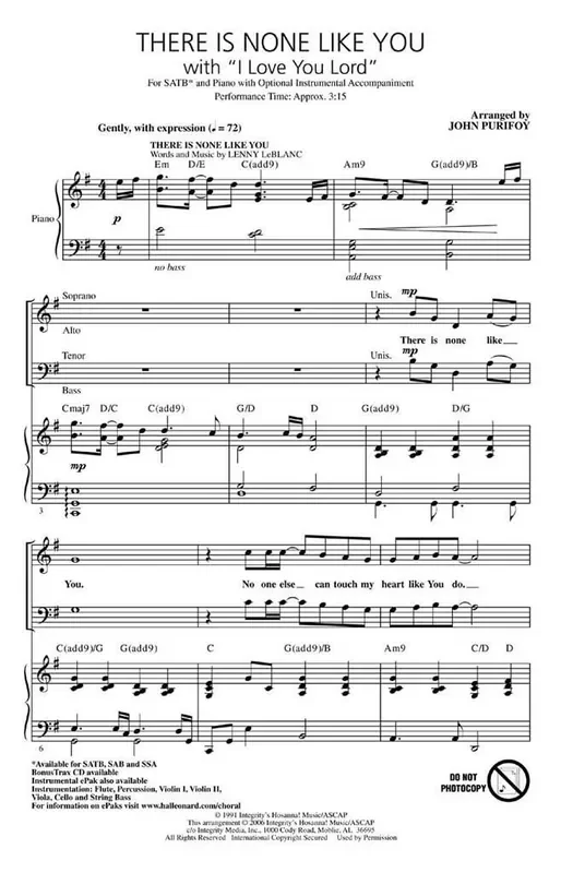 There Is None Like You with I Love You Lord (Arr. John Purifoy) Gemischter Chor mit Begleitung