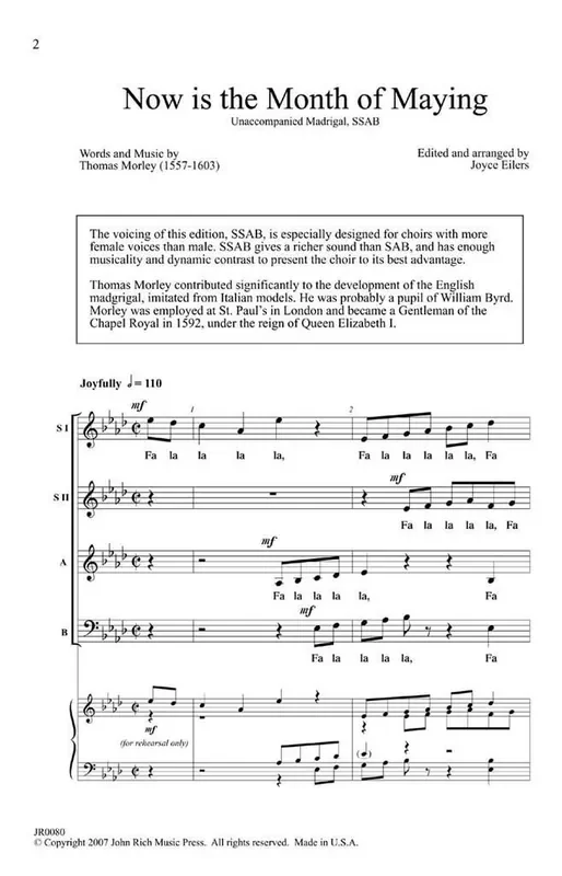 Thomas Morley Now Is the Month of Maying (Arr. Joyce Eilers) Gemischter Chor A cappella