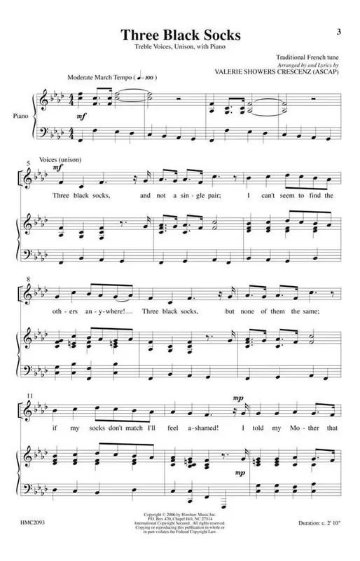 Three Black Socks (Arr. Valerie J. Crescenz) Gemischter Chor mit Klavier/Orgel
