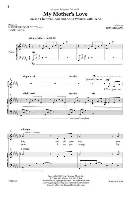 Tom Shelton My Mother‘s Love (Arr. Tom Shelton) Kinderchor mit Klavier/Orgel