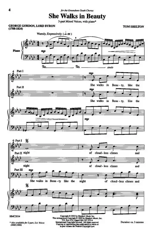 Tom Shelton She Walks In Beauty (Arr. Tom Shelton) Gemischter Chor mit Klavier/Orgel