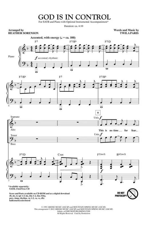 Twila Paris God Is in Control (Arr. Heather Sorenson) Gemischter Chor mit Begleitung