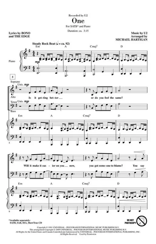 U2 One (Arr. Michael Hartigan) Gemischter Chor mit Klavier/Orgel