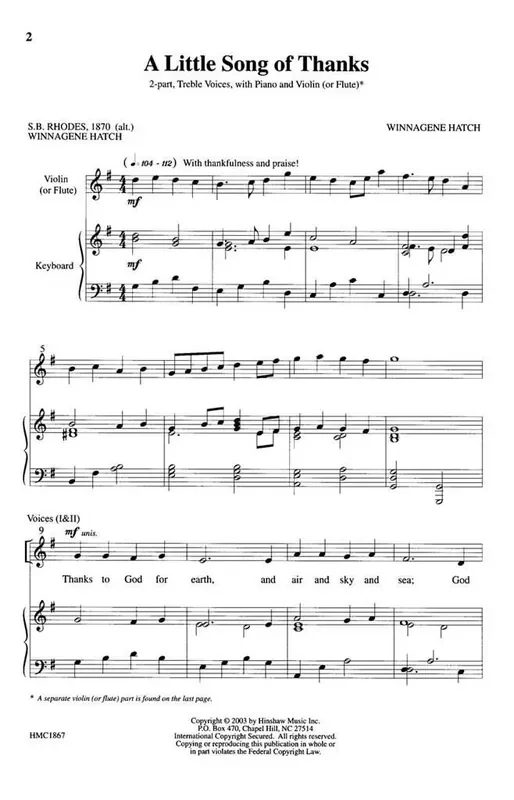 Winnagene Hatch A Little Song Of Thanks (Arr. Winnagene Hatch) Frauenchor mit Begleitung