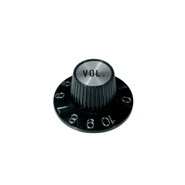 Witch hat knob, with chrome cap, black, volume