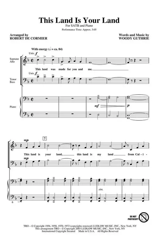 Woody Guthrie This land is your land (Arr. Robert DeCormier) Gemischter Chor mit Begleitung