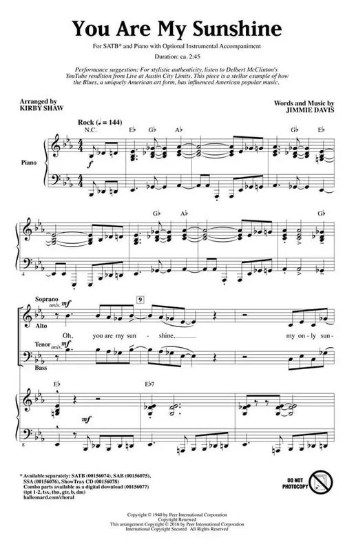 You Are My Sunshine (Arr. Kirby Shaw) Gemischter Chor mit Begleitung